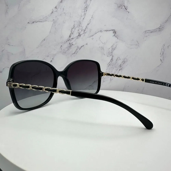 CHANEL Sunglasses Black Gold Chain Arms Interlocking CC Logo Acetate Square New - Picture 11 of 16
